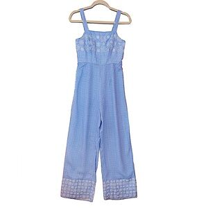 Jessica Simpson blue & white plaid, square neck jumpsuit with floral embroidery